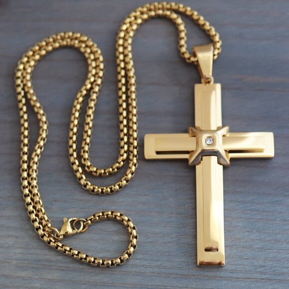 Cross Pendant with CZ Stone Style Round Cable Chain Necklace Stainless Steel - Picture 2 of 4